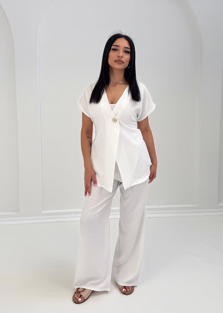 Damen Zweiteiler mit Bindebluse und weiter Hose – elegantes Outfit von NAHA für Alltag und Freizeit