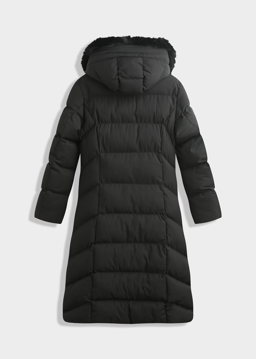Langer Steppmantel mit Kunstfellkapuze