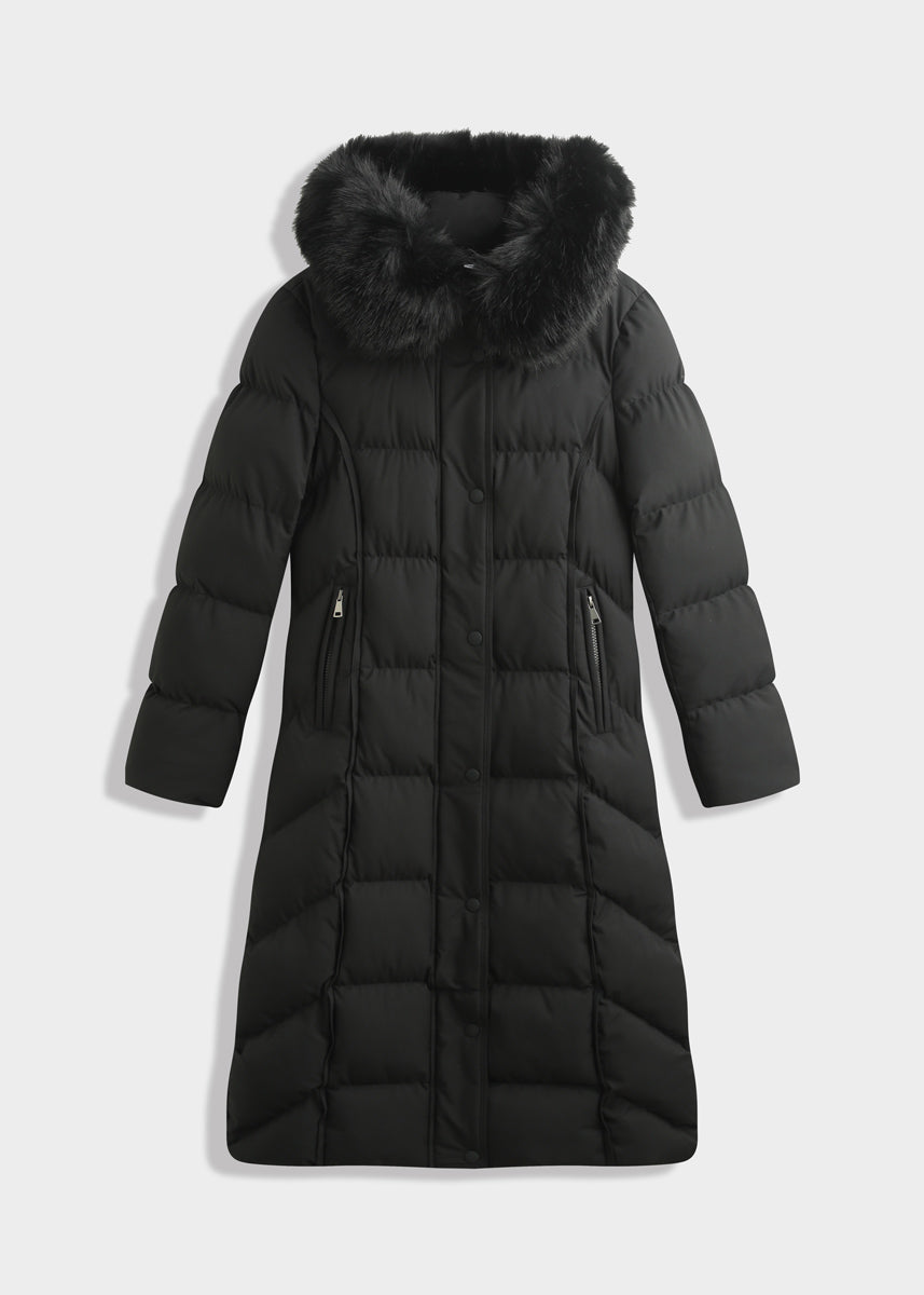 Langer Steppmantel mit Kunstfellkapuze